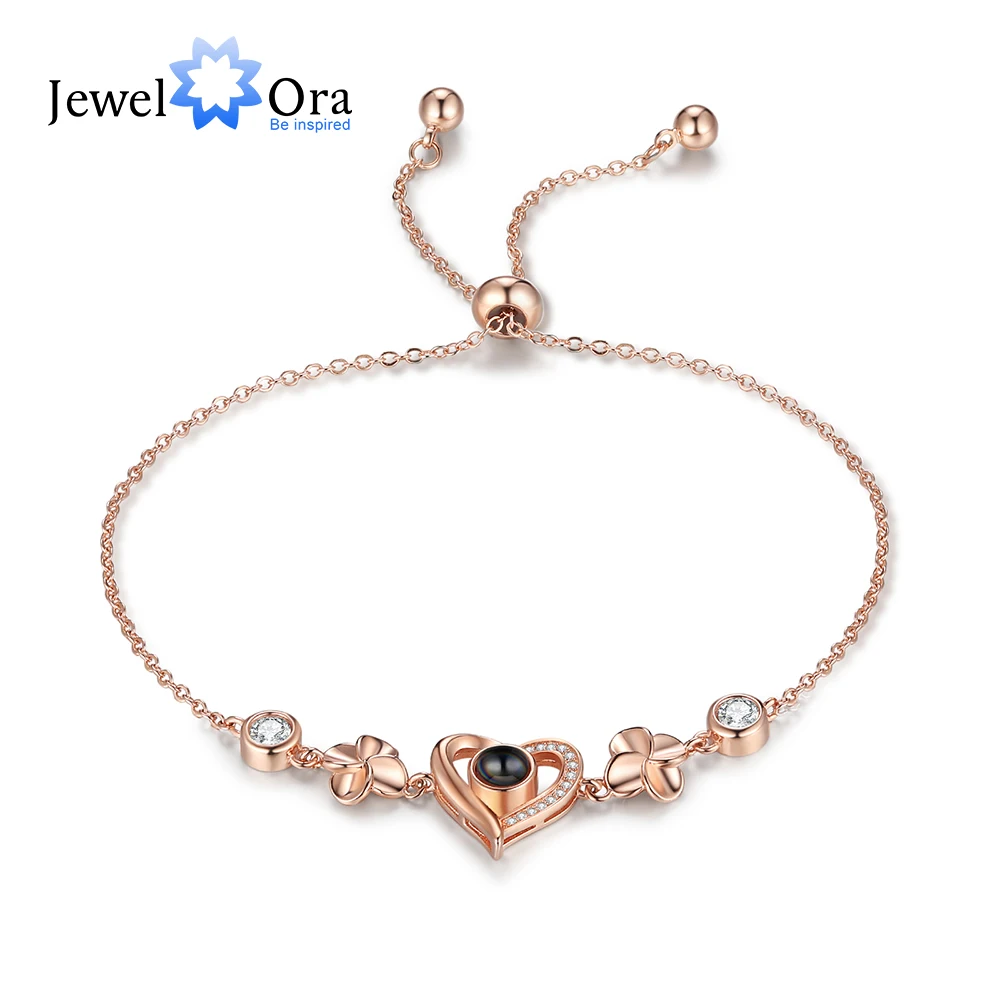 Rose Gold Heart & Flower Custom Photo Projection Bracelet Personalized Memorial Bracelet with Picture Inside Valentines Day Gift