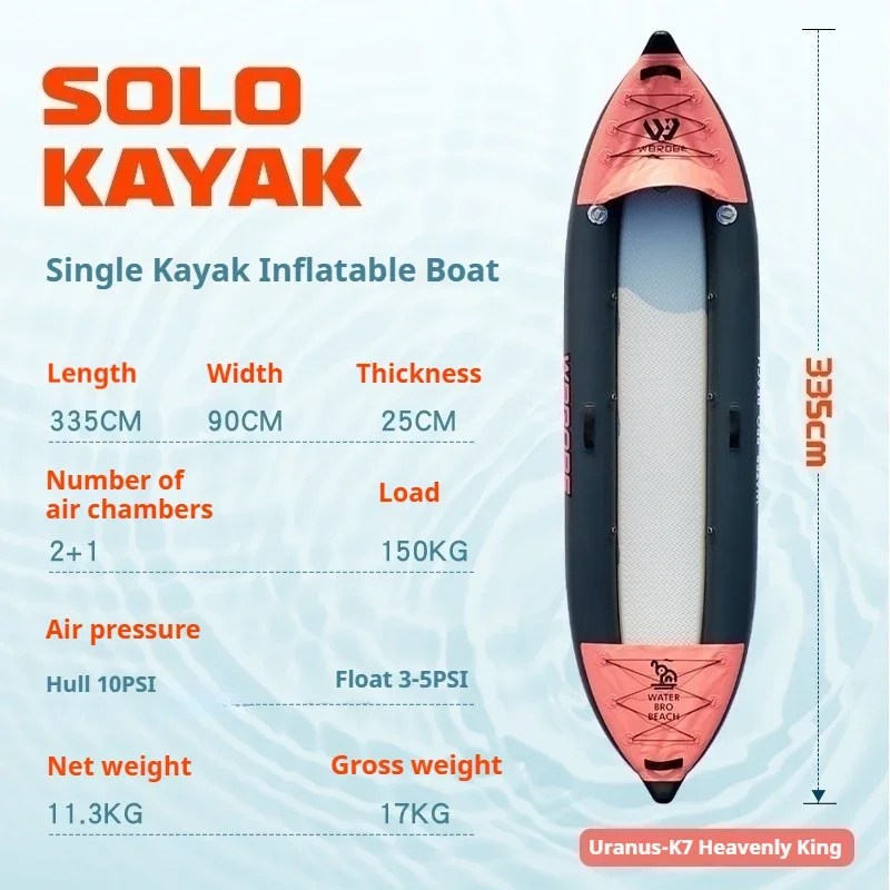 เรือคายัคเป่าลม 3 ห้อง, ทนทาน รับน้ำหนักได้ 200 กก. ทำจาก PVC พร้อมวาล์วระบายน้ำและครีบเร็วสำหรับตกปลา