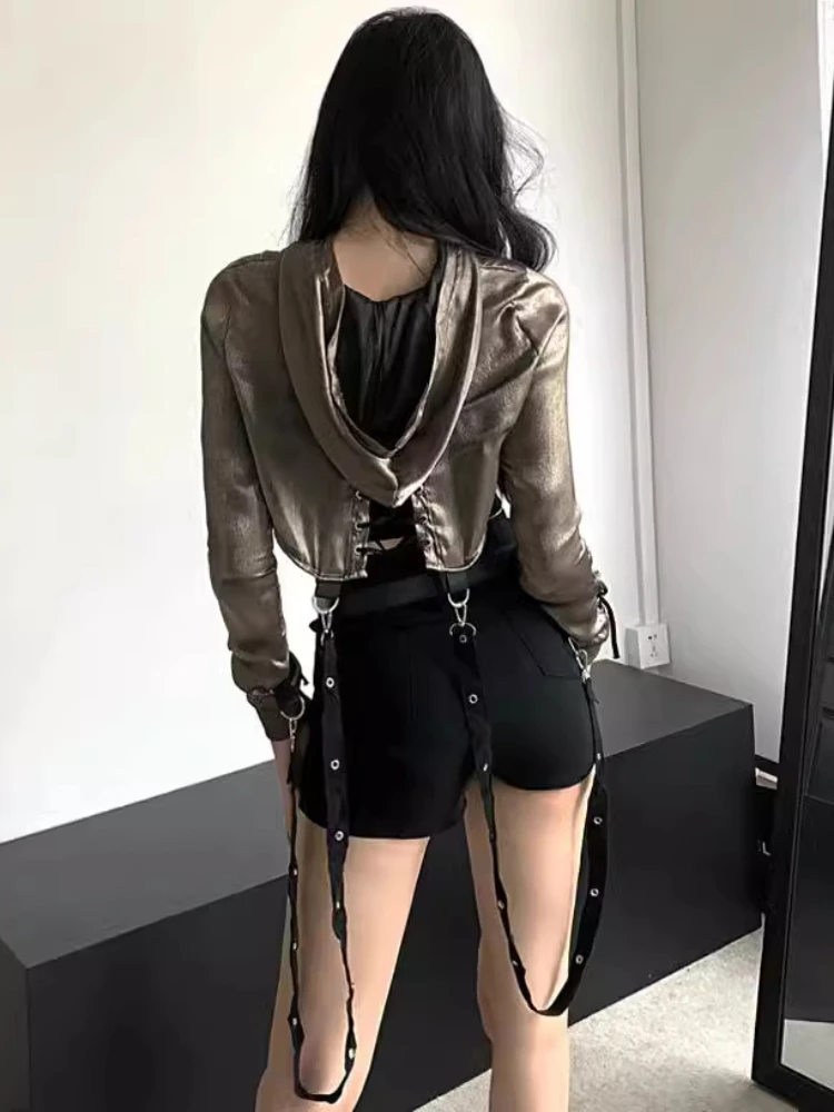 Two Pieces Set Y2k Aesthetic Gold Long Sleeve Hooded Streetwear Summer Coat Bandage Top + Black Sexy Harajuku Cropped Tops Women