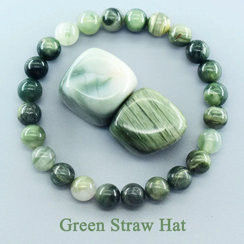 Natural Green Straw Hat Stone Beads Bracelet Men Natural Sparrow Stone Beads Jewelry for Women Real Agates Quartz Elastic Bangle