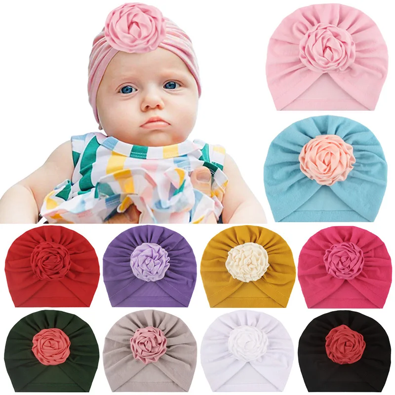

3D Flower Baby Turban Cap Solid Color Infants Headscarf Beanie 0-3Year Kids Headwear Soft Cotton Newborn Bandana Hairband Bonnet