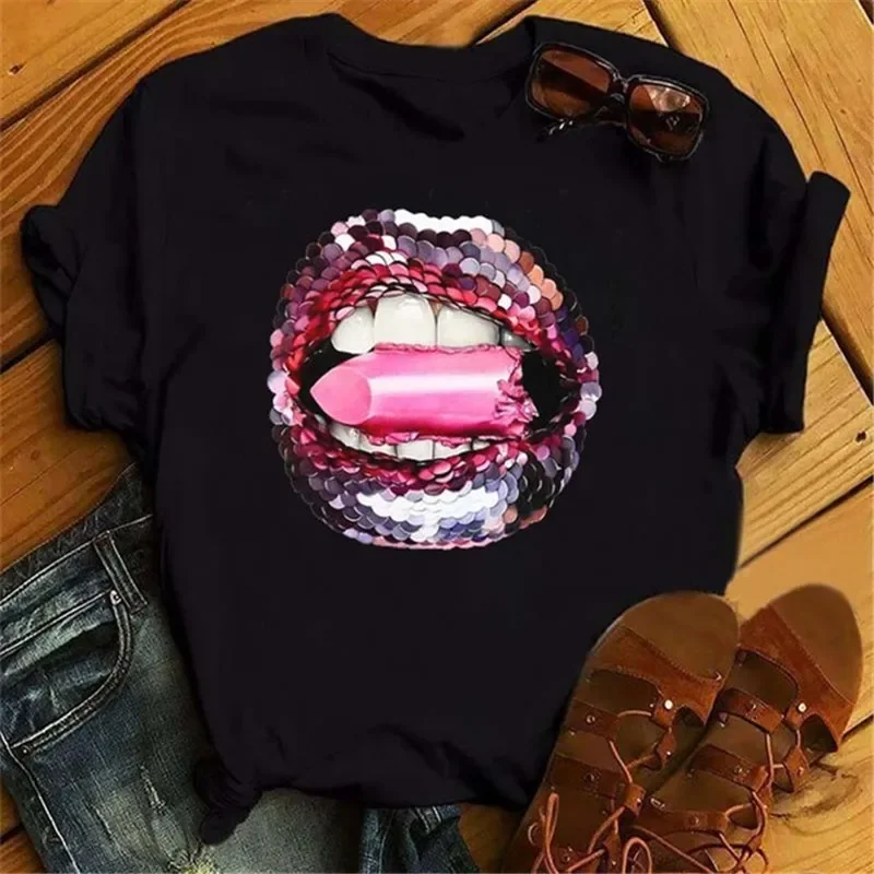Moda lábios imprimir camiseta feminina casual manga curta o pescoço solto camiseta feminina senhoras camiseta topos roupas mujer