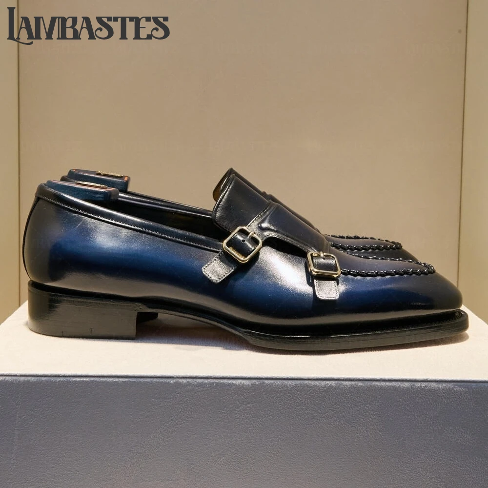 Double Buckle Monk Shoes Hand-Painted Business Dress Shoes Elegant Blue Black Polished PU Leather Men Shoes Customizable Colors