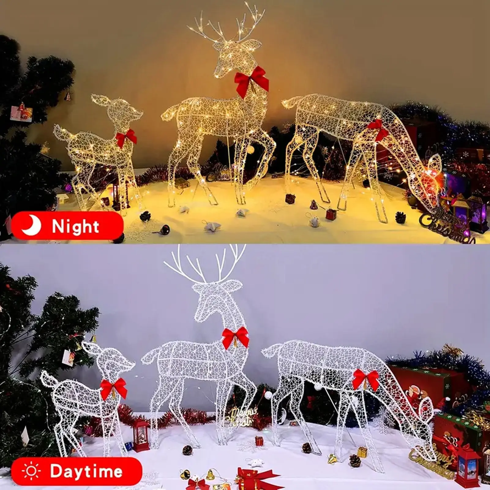 3 Piece Lighted Christmas Deer Family Set Outdoor Yard Decoration with LED Lights Red Bows Mother Child Reindeer Garden Decor
