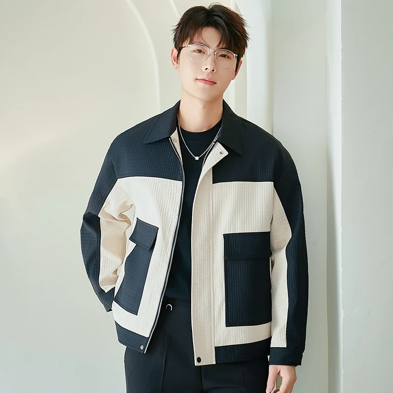 Men Turn Collar Color Block Jacket Loose Plaid Texture Cargo Pocket Zip Outerwear Spring Autumn Coat