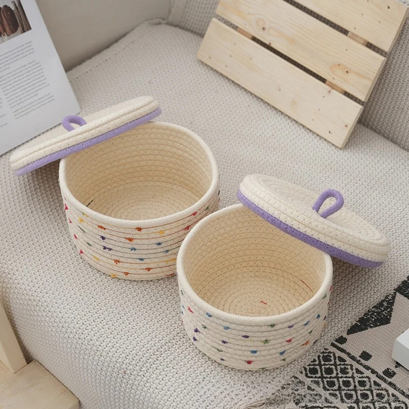 1pcs Cotton Rope Storage Basket with Lid Desktop Organizer for Snacks Cosmetics Remote Control Underwear and Sundries