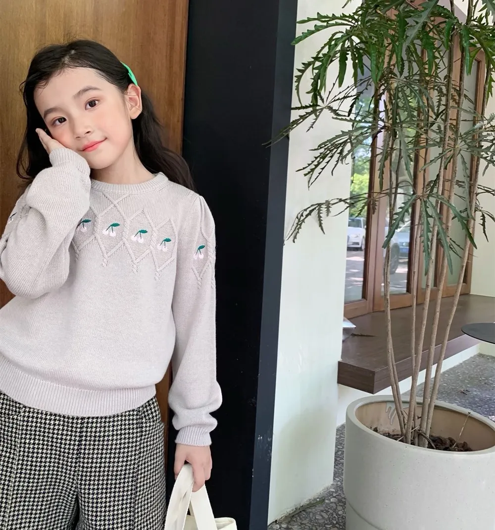kids girls clothes baby sweaters soft knitted pullover French style cherry patterned knitted sweater