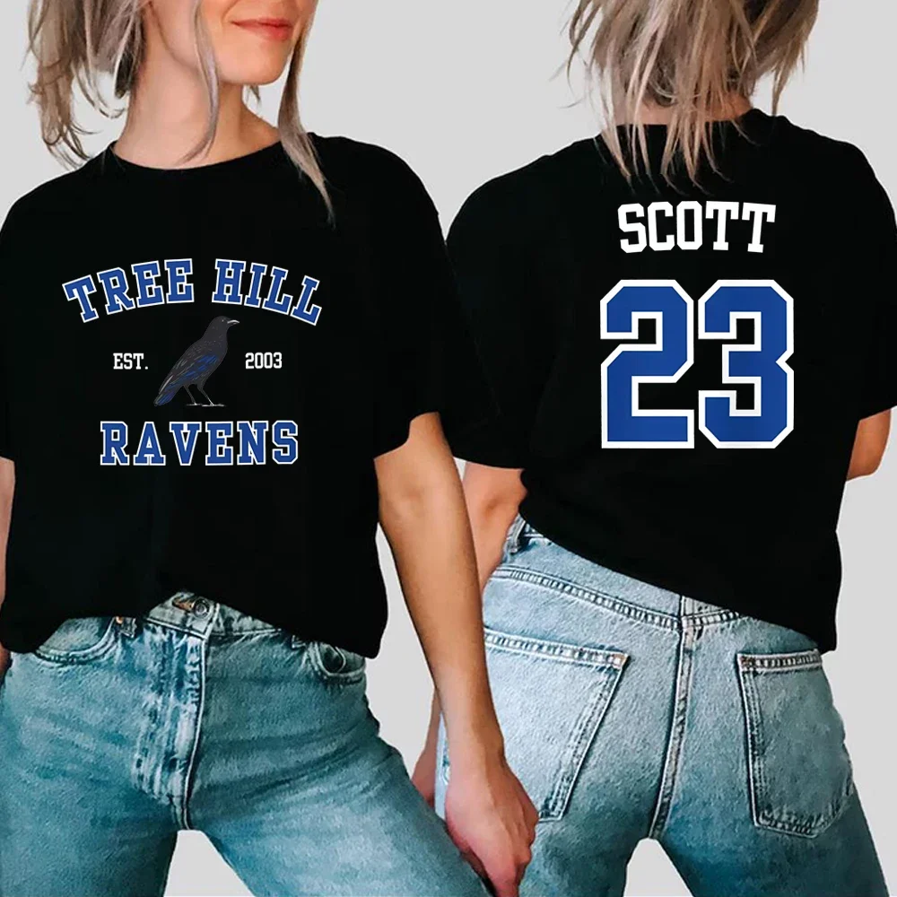 تي شيرت نسائي من One Tree Hill قميص شجرة هيل الغراب قميص ناثان سكوت 23 كارولينا الشمالية تي شيرت تلفزيوني OTH Merch 2 قطع علوية مطبوعة جانبية