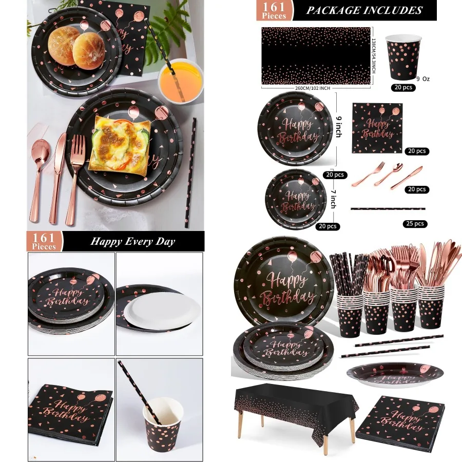 

Посуда для дня рождения, 161 шт., черные и розовое золото, товары для вечеринок, наборы посуды для вечеринок, включая бумажные тарелки, салфетки, чашки S