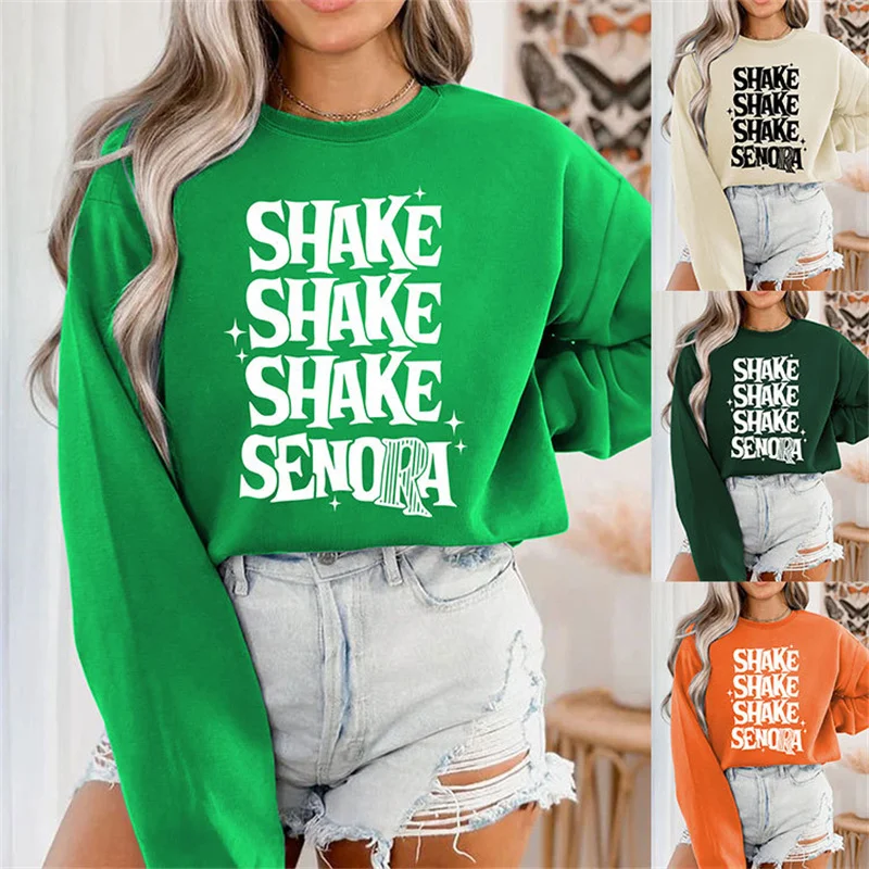 New autumn and winter cotton fashion women's shake shake shake senora letter print casual vintage round neck hoodie