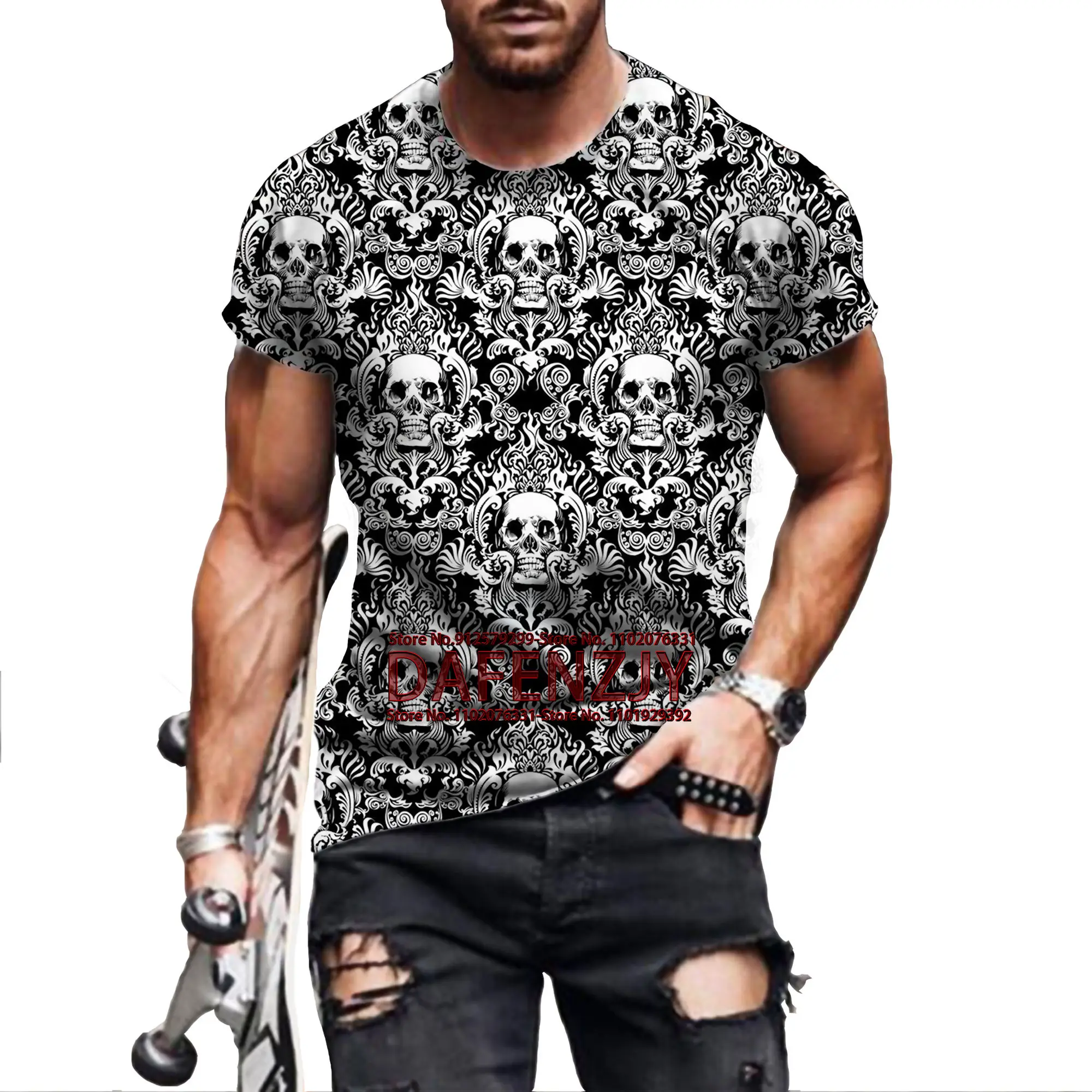 

Vintage Skull T-shirt For Men Rose Skull 3d Printed Men's T Shirts Casual Hip Hop Gothic Short Sleeve Tee