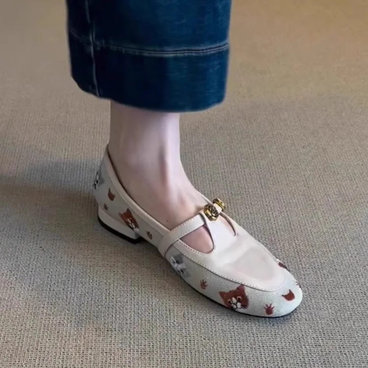 French Retro Women's Embroidered Round Toe T-Strap Low Heel Shoes Comfortable Soft Daily Casual Mary Jane Loafers Bombas Mujeres