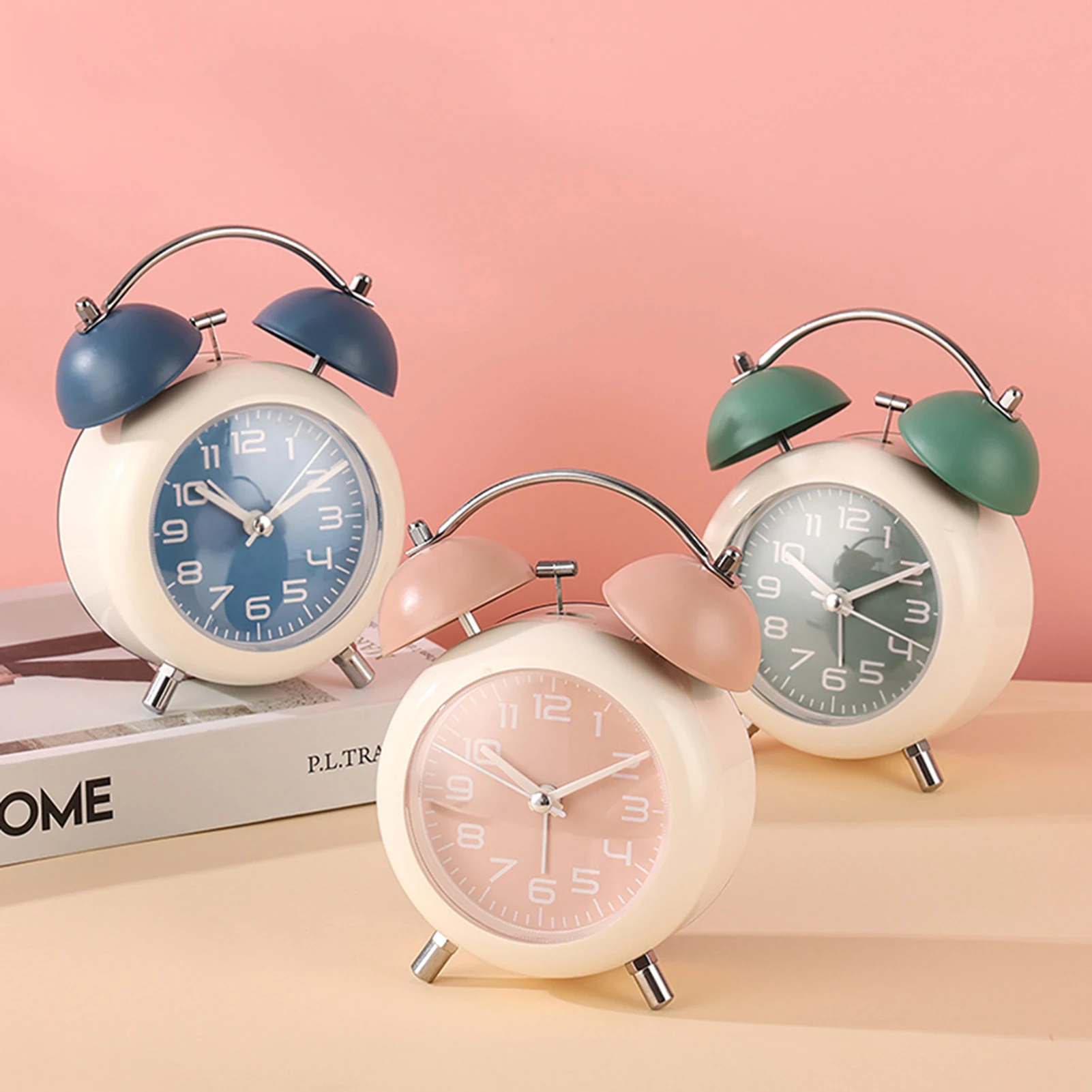 Cartoon Mini Analog Alarm Clock Retro Twin-Bell Loud-Clock Soft Night Light For Nighttime Visibility For Office Bedroom Bedside