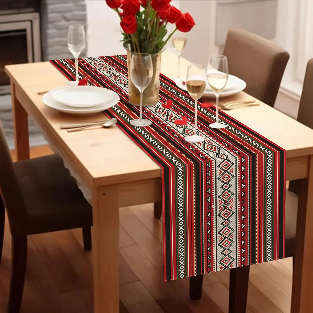 Christmas Retro Ethnic Geometric Striped Table Runner Home Party Decor Xmas Kitchen Dining Table Runners Christmas Decorations