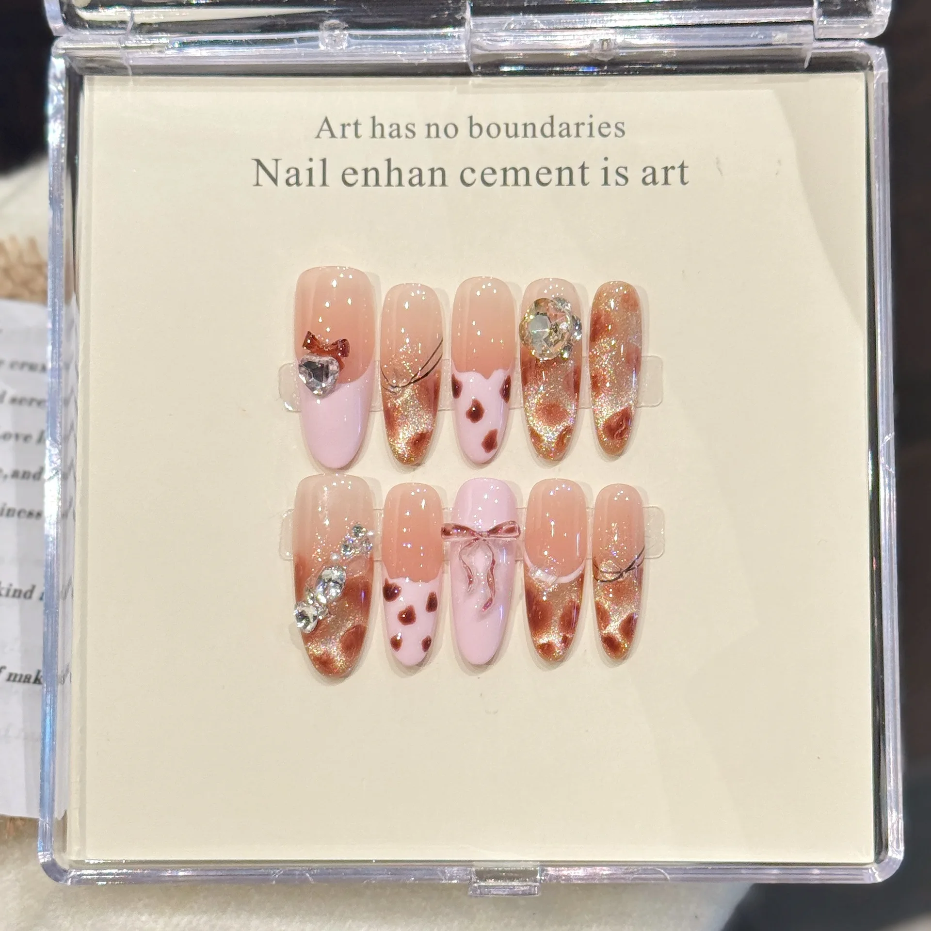 

10 шт., длинные овальные ногти ручной работы, розовый французский леопардовый принт, бант, дизайн со стразами Y2K, милые и крутые носимые ногти Spice Girl