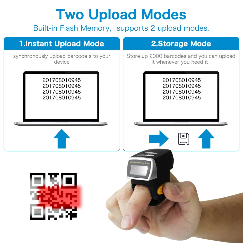 Mini tragbarer 2D-Qr-Code-Scanner, Fingerleser, Barcode-Scanner, kabellos