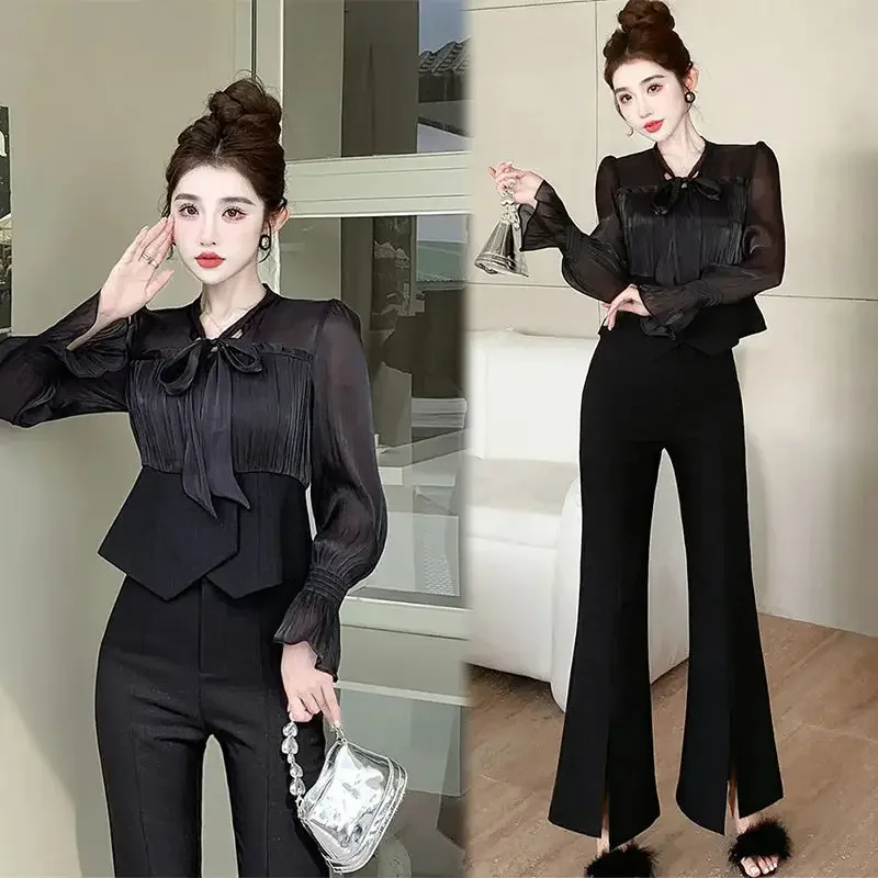 Splicing Blouse And Pant Sets For Women 2-częściowa koszula Sznurowane czarne spodnie Kobieta Koreański styl Oferta Koreański styl Full Co Ord