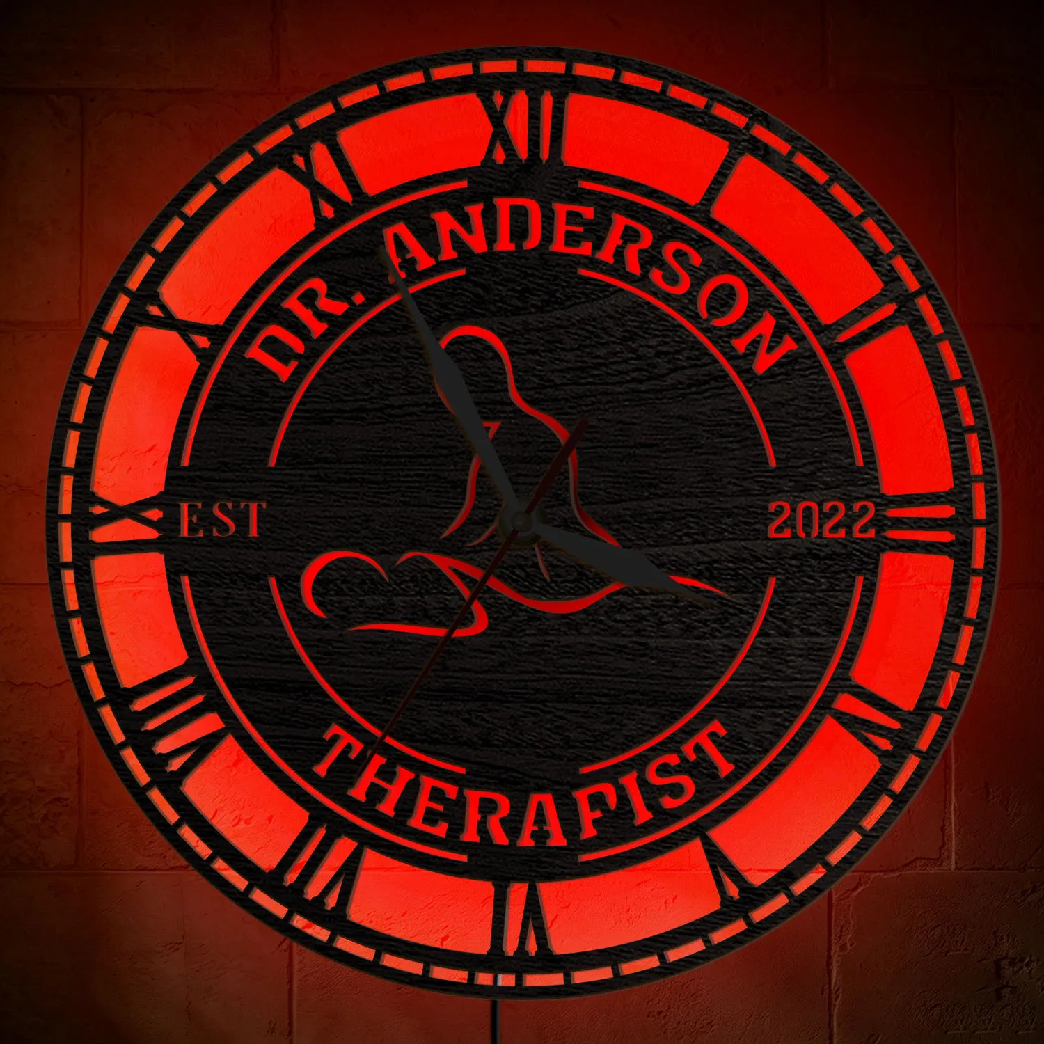 Personalized Therapist Name Wall Clock with RGB LED Backlight Multi Color Changing Light Up Wall Clock For Therapy Office Clinic