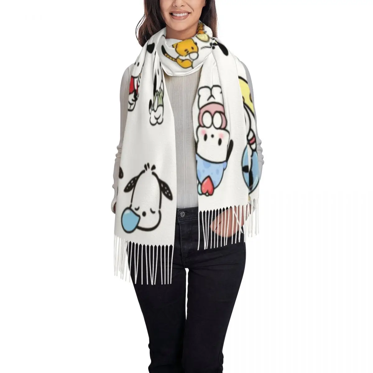 Custom Pochacco Cartoon Tassel Scarf Women Soft Shawls Wraps Lady Winter Fall Scarves