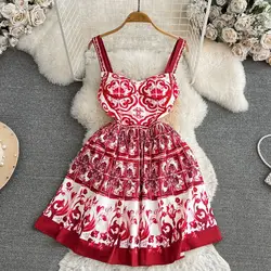 JAMERARY Runway Blue White Red Procelain Floral Print Mini Short Dress Women Vintage Straps Sundress Bohemian Beach Vestidos