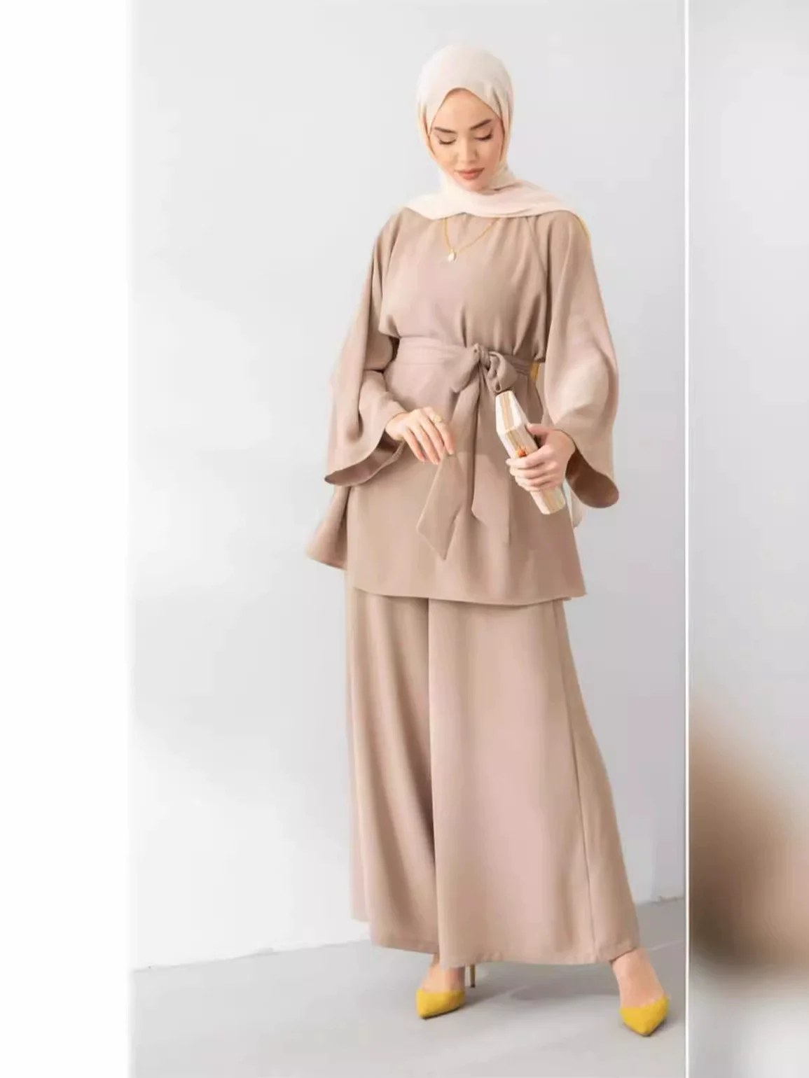 

Middle East Islamic Muslim Fashion Saudi Arabian Women's Long Sleeve Long Pants Two Piece Elegant Daily Commuter Set Robe