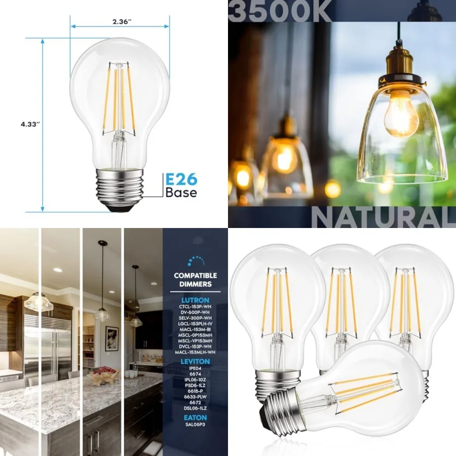 Vintage A19 LED Light Bulbs 60W Equivalent, 3500K Natural White Dimmable, 800 Lumens, Standard LED Edison Bulb 8W, UL Listed, E