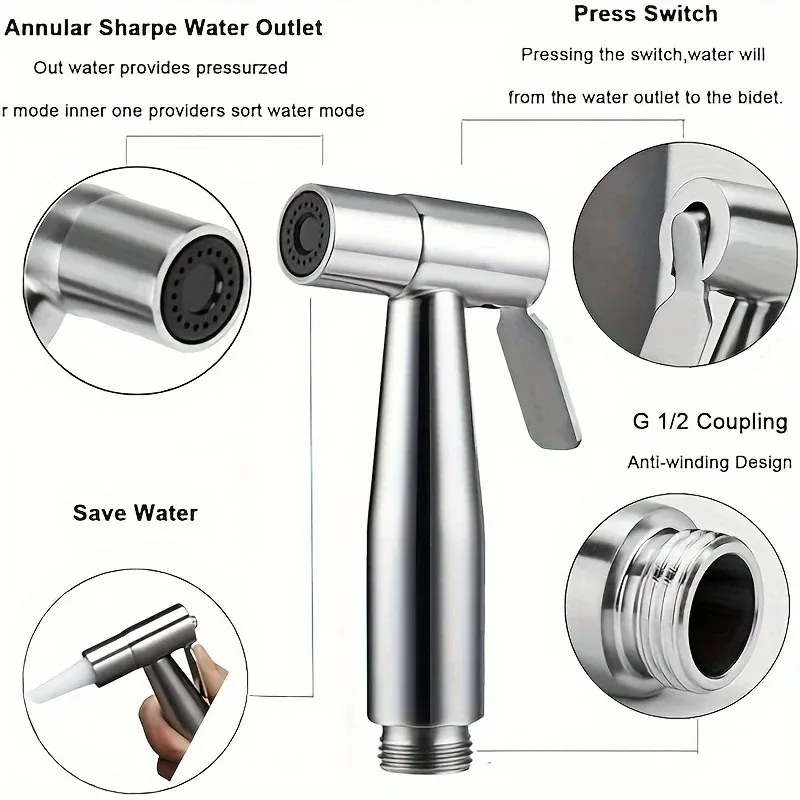 Handheld Bidet Sprayer Set Stainless Steel Spray Gun Shower Handheld Toilet Bidet Faucet Sprayer Shower Nozzle Self Cleaning image 5