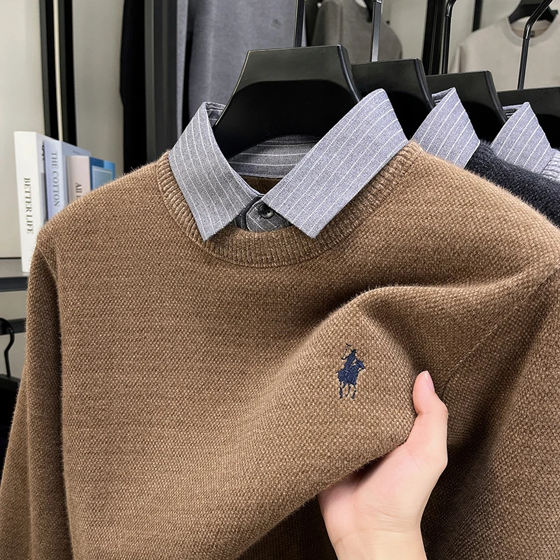 

High end brand pony embroidered lapel sweater luxury personality fake two-piece knitted comfort designer new Paul men's pullover
