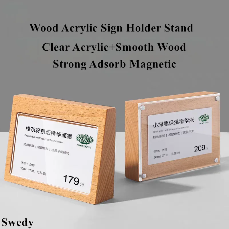 100x70mm Wood Base Magnetic Acrylic Sign Holder Display Stand Baby Picture Photo Frame Restaurant Menu Price Label Card Tags