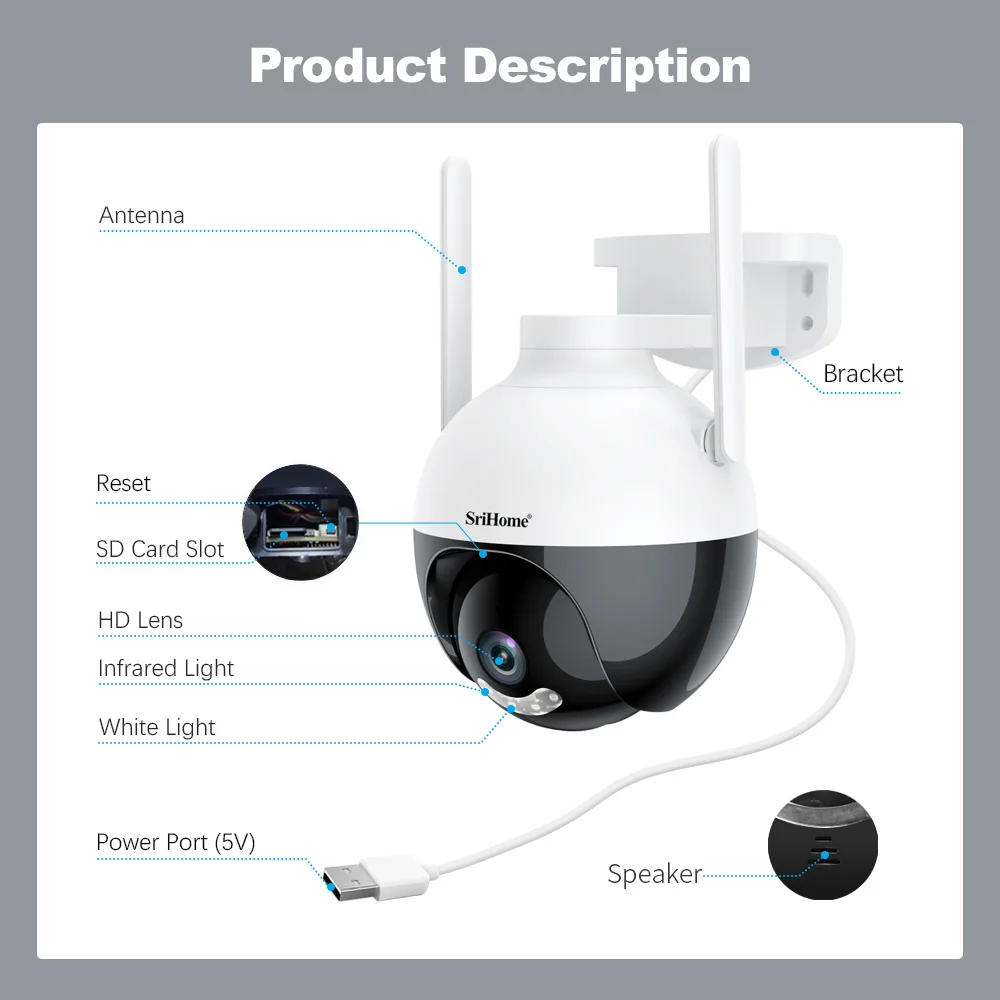 Srihome APP SH045 2MP 1080P Full Color Wireless PTZ IP Dome Camera AI Humanoid Detection Home Security CCTV Baby Monitor