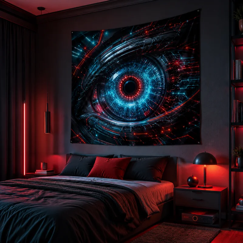VIKAMA Futuristic Sci-Fi Angel Tapestry, Mechanical Wings Cyber City Wall Hanging, Cool Mechanical Girl Wall Hanging, Home Decor