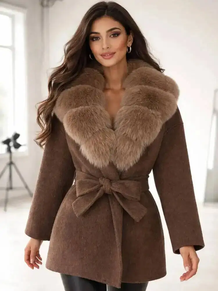 ONEXWEN Women's Brown Wool Blend Coat With Oversized Collar Waist Belt Elegant Short Winter Warm Outerwear For Ladies ZM5370