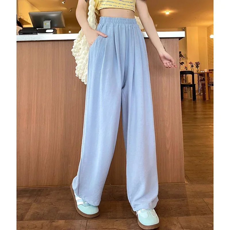 Pantaloni classici da donna a gamba dritta quotidiana Pantaloni larghi da ragazza in seta di ghiaccio solida Pantaloni comodi a vita alta alla moda da donna