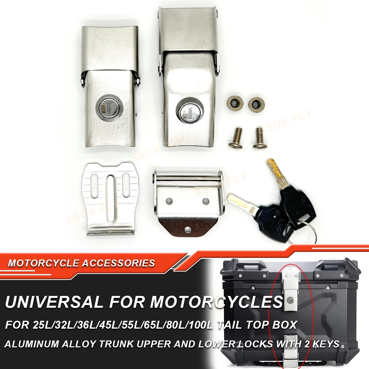 25L 32L 36L 45L 55L 65L 80L 100L Motorcycle Top Box Lock Rear Trunk Cylinder Core Tail Box 2 Keys Upper Lower Locks Accessories