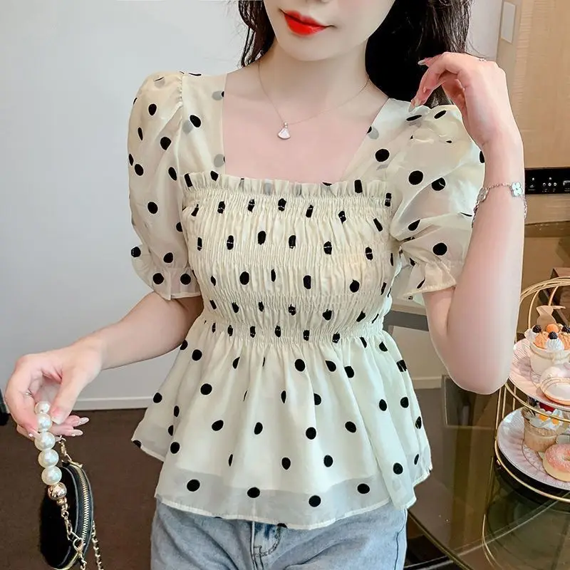 

Women's Summer New Square Neck Dot Print Short Sleeve Shirt Sweet Style Slim Fit Sheer Chiffon Top​