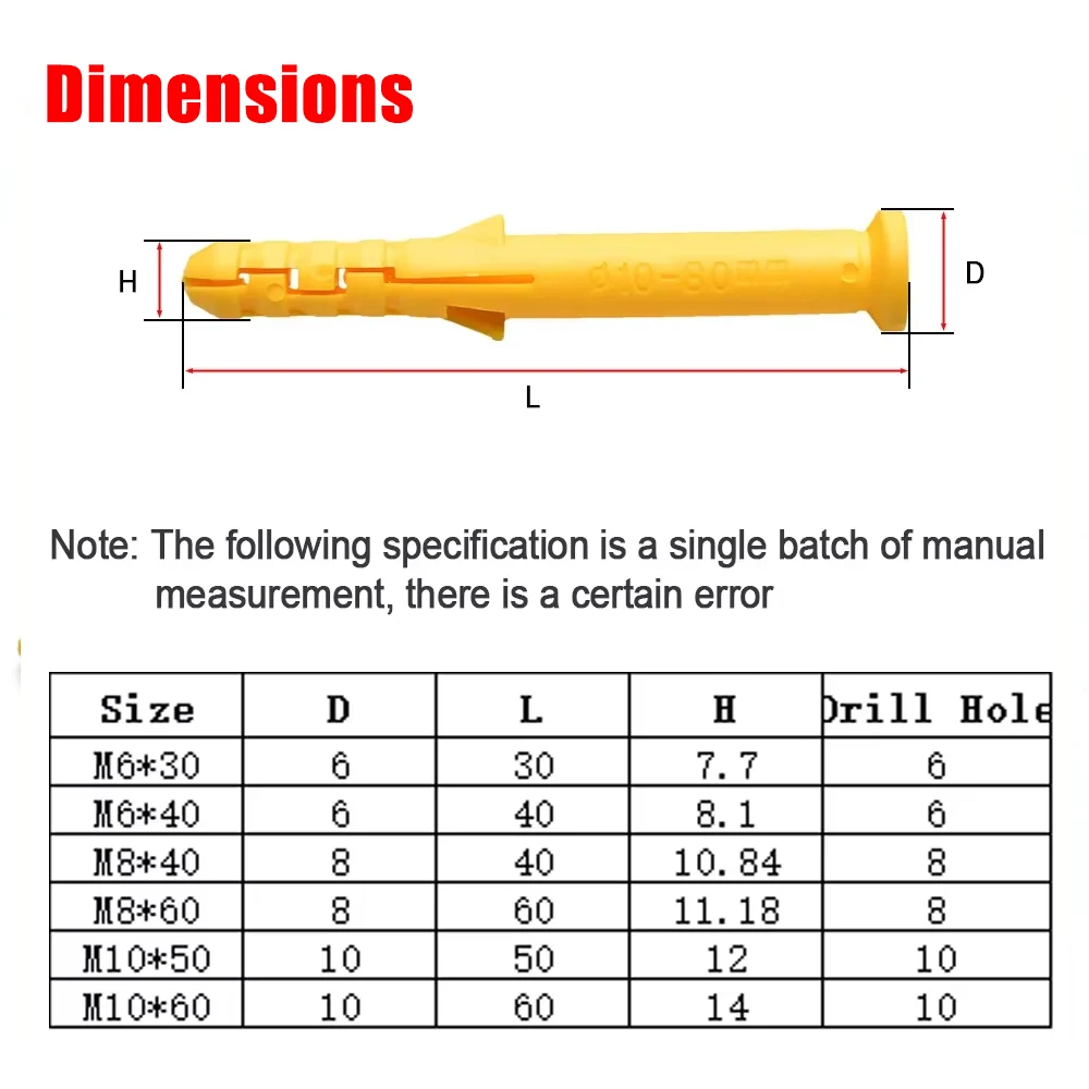 M6 M8 M10 20pcs-100pcs Yellow Plastic Expansion Pipe Tube Rubber Plug Wall Plugs Plastic Ribbed Anchor for Self-tapping Screws