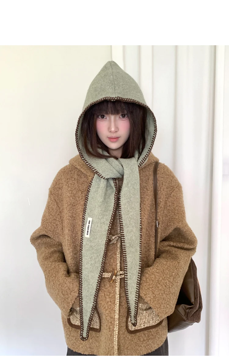 Winter Edge-Locked Balaclava Hat For Women, Slimming Face Effect, Ear-Protecting, Knitted Warm Hat And Scarf All-In
