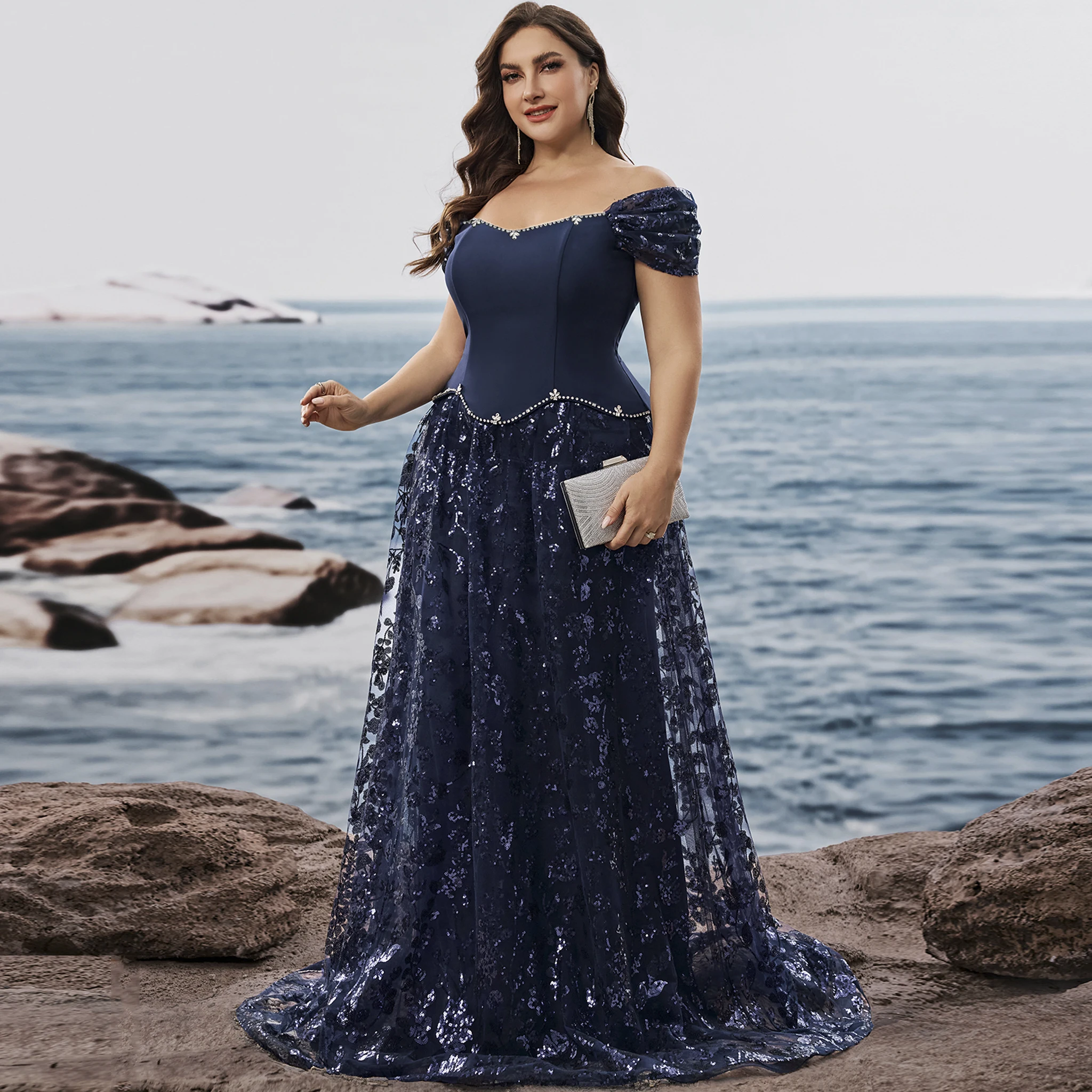

Rosymae Plus Size Navy Blue Formal Dresses Long Women Prom Luxury Wedding Party Gowns