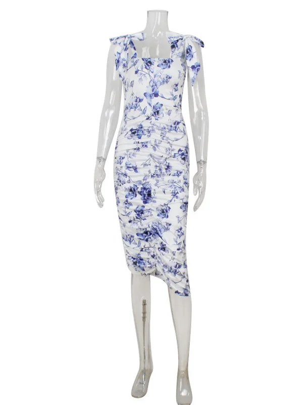 スリムフィットプリントレースアップドレーププリーツギャザーウエストミディスカート（ヴィンテージ風レディースサマードレス）