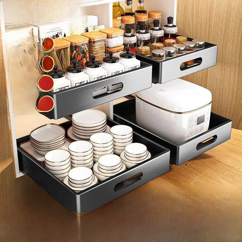 kitchen-cabinet-built-in-pull-out-storage-rack-bowl-dish-cup-organizer-metal-material-home-use-bowl-dish-cup-holder-shelf