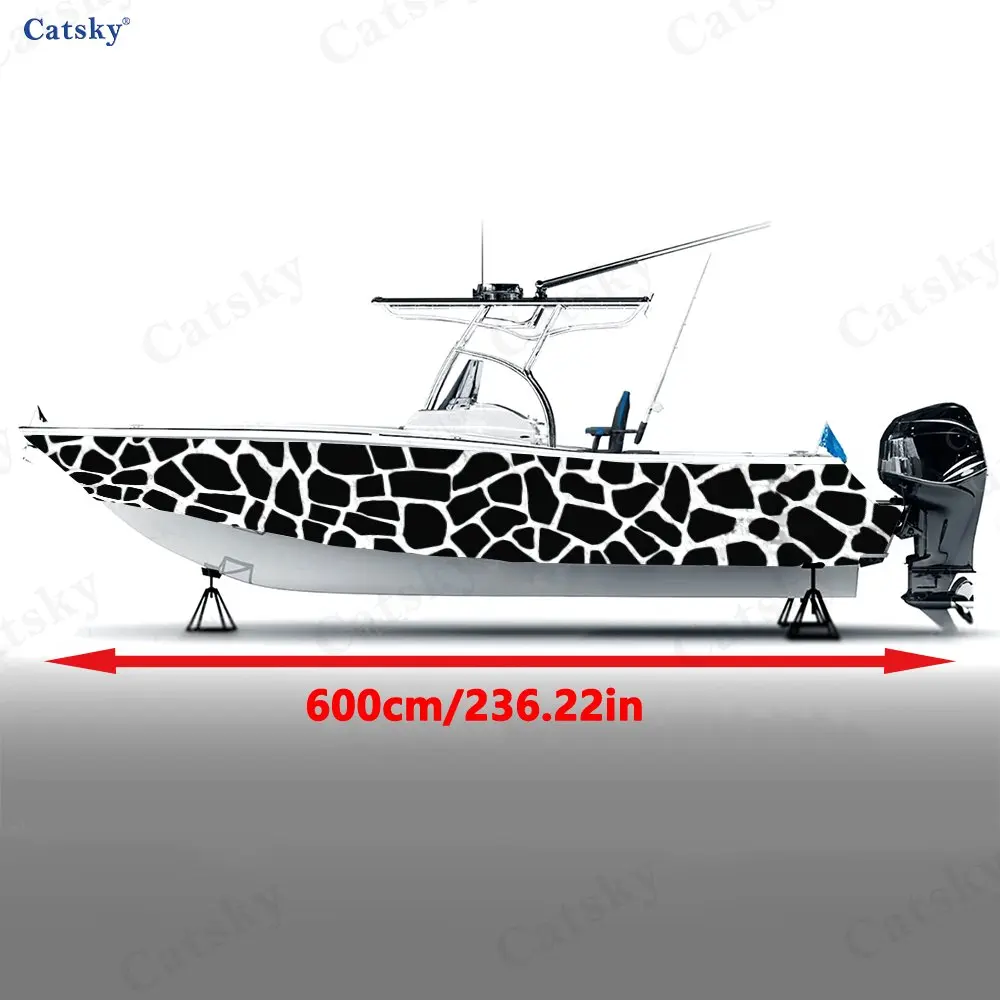 2Pcs Black & White Stone Texture Boat Stickers, PVC Waterproof Vinyl Wrap Decals for Fishing Boats, Durable and Stylish Design