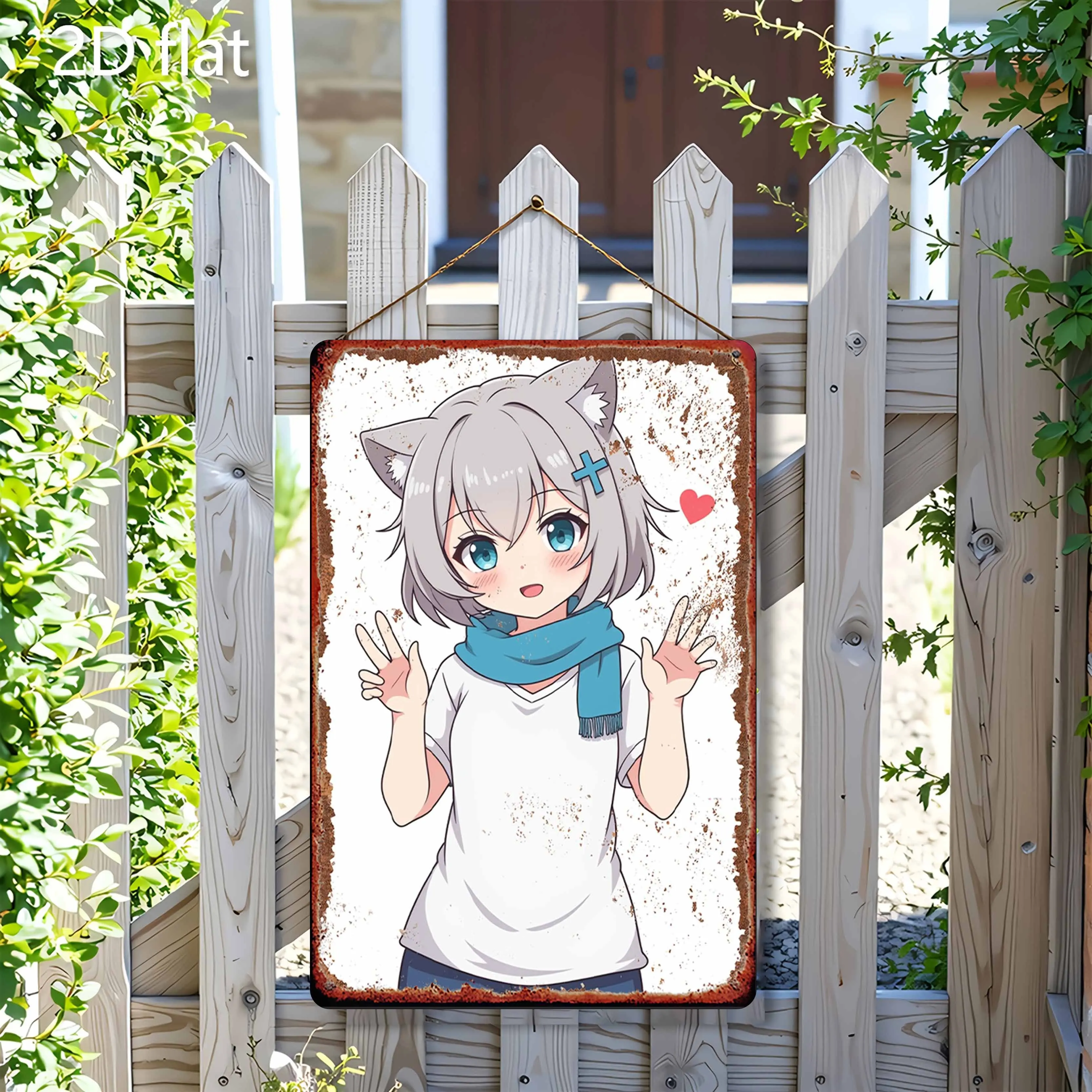 CIFBUY Grey Short Hair Cat Ear Anime Girl Metal Tin Sign Blue Scarf Cute Manga Art Iron Plaque Wall Decor