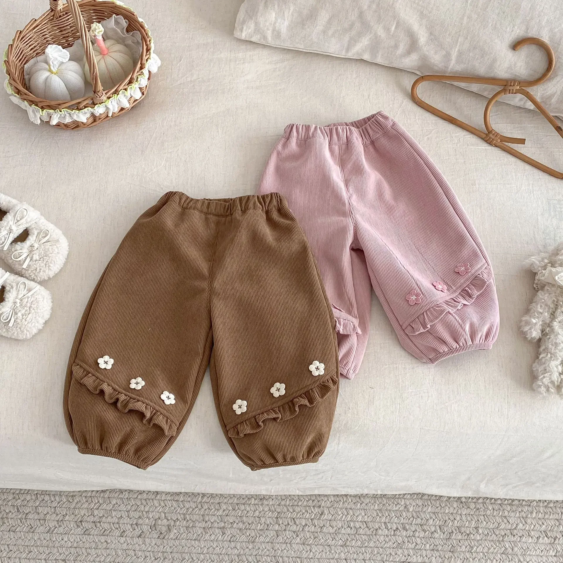 

2025 New Winter Girls Clothes Fleece Lined Wide Leg Pants with Flower Decor 9M-5Y Children Trousers