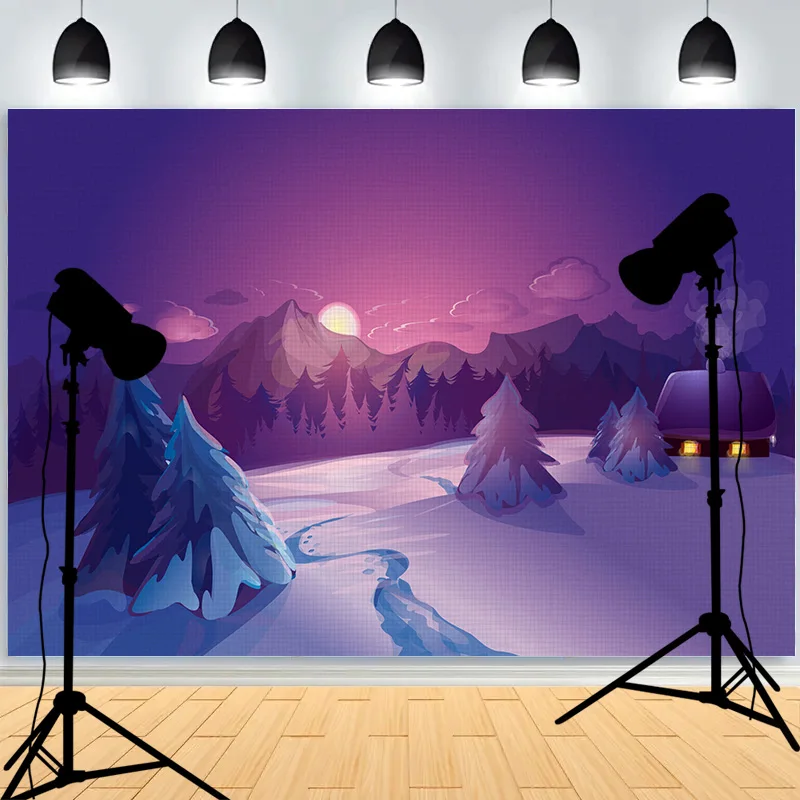 Snowflake Pine Forest Frozen Stream Photography Background Frost Snow Hill Winter Wonderland Photo Studio Backdrops AM-07