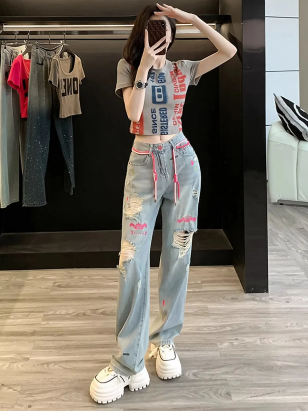 

Модные рваные джинсы с высокой талией, прямые брюки, женские свободные широкие брюки, стильные повседневные длинные брюки, облегающие фигуру