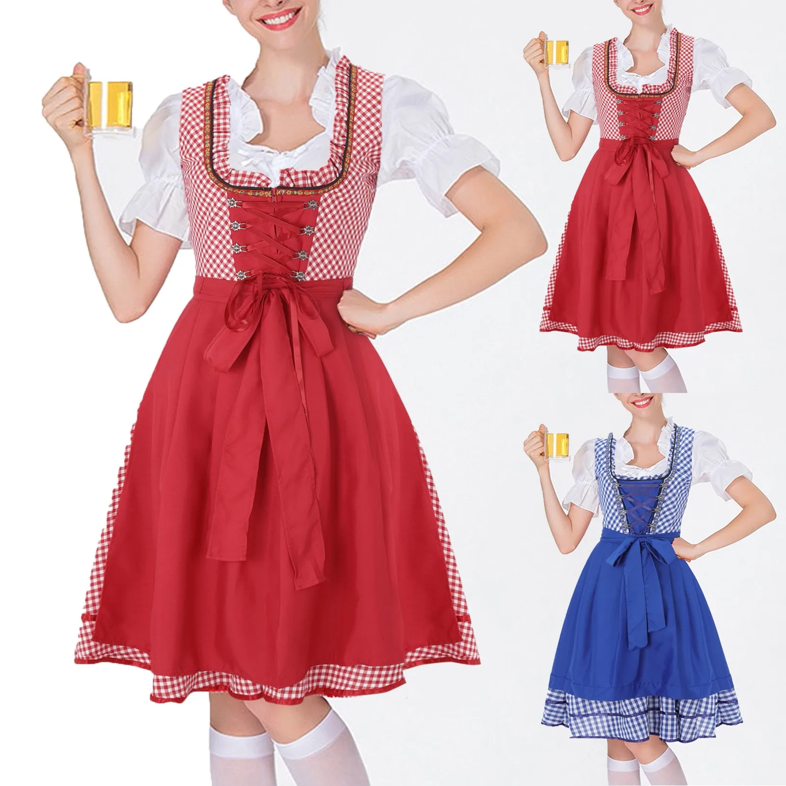 Oktoberfest Plaid Dirndl Jurk Duits Bavarian Bier Wench Serveerster Meid Jurk Cosplay Kostuum Carnaval Halloween Feestjurk