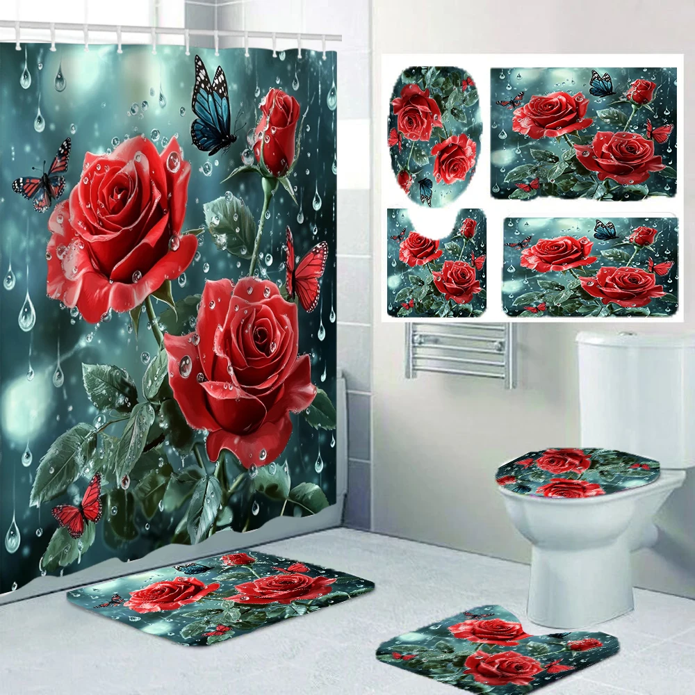 

1/4 маленькие занавески для душа с цветочным принтом, украшение на сиденье унитаза, занавеска для душа с ковром и крышкой для унитаза, 70,8x70,8 дюйма