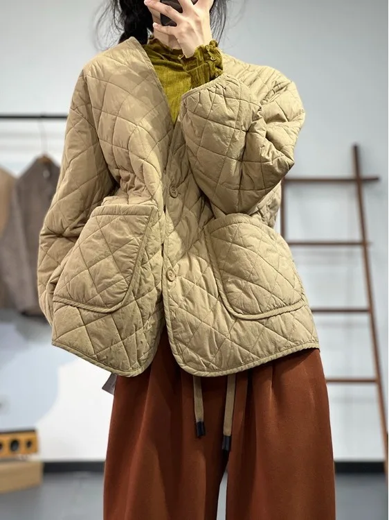 

Аутентичная корейская версия 2022, осенне-зимнее свободное повседневное теплое хлопковое дэт с ромбовидным узором, женское пальто для поездок на работу