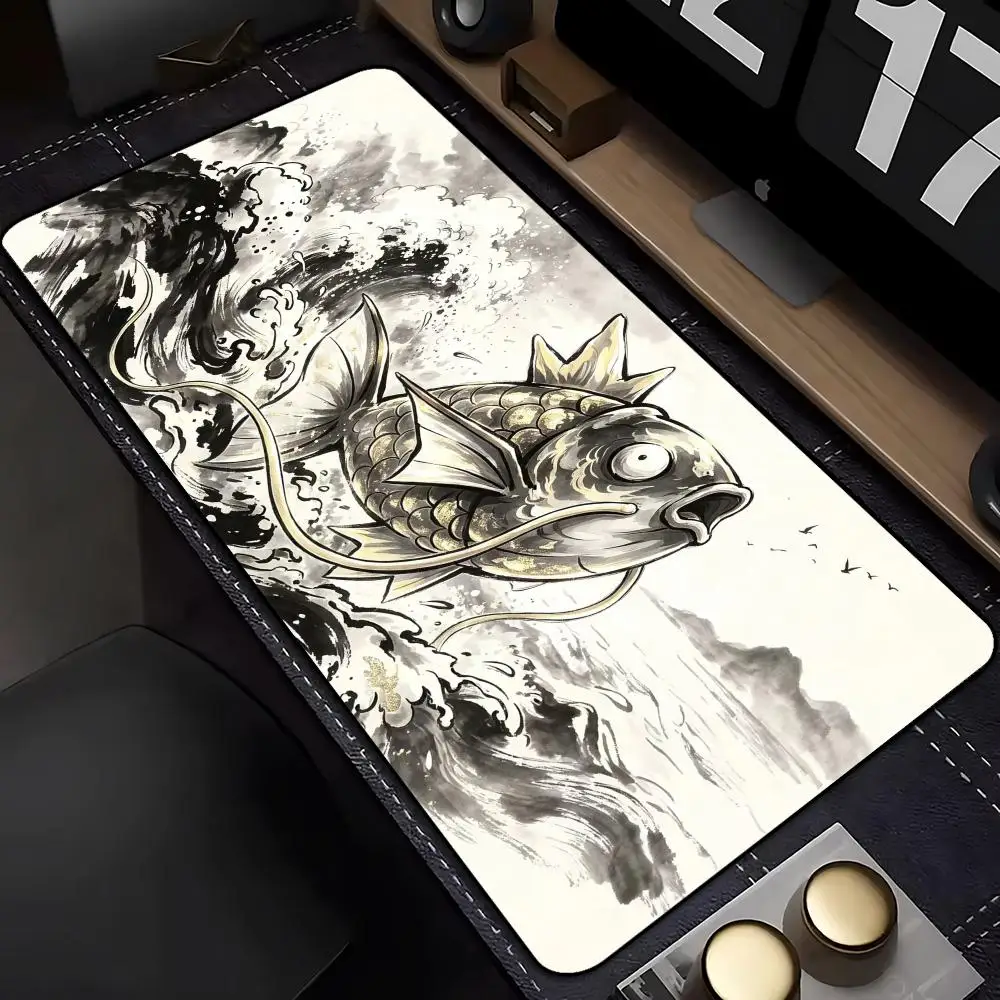 Black White Ink Golden Koi Fish Mountain Wave Large Extended Gaming Mouse Pad Chinese Splash Ink Art Non Slip Rubber  Desk Mat