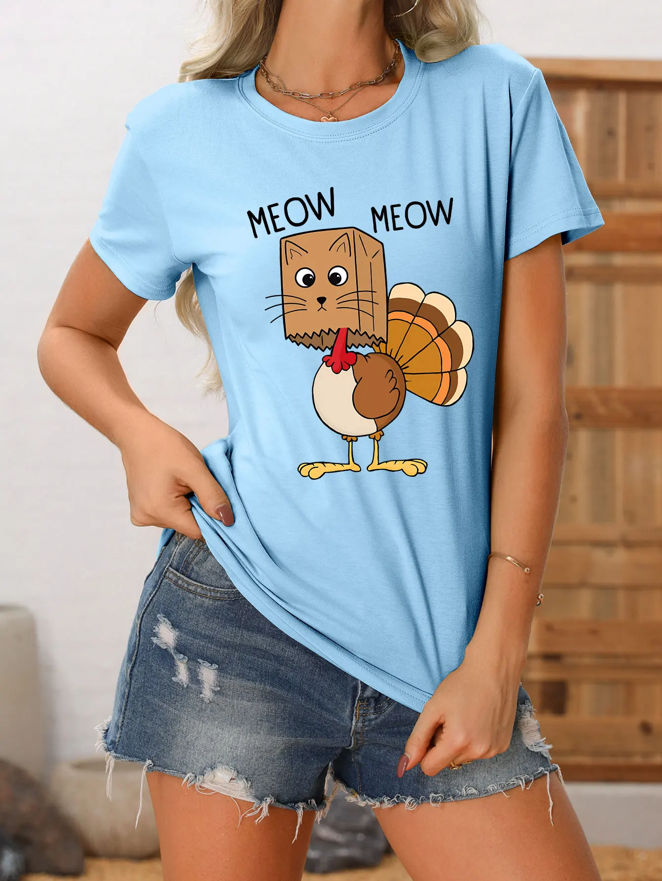 Summer round neck meow meow cat bag chicken print T-shirt new women\'s casual short-sleeved top with loose fashion pullover